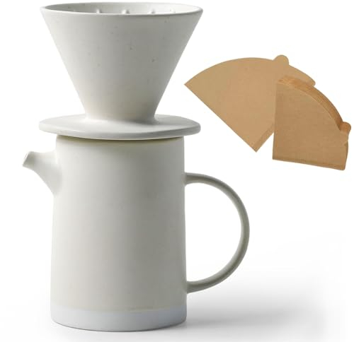 DIF DECO Pour Over Coffee Maker Set Vintage Ceramic Pour Over V60 Coffee Dripper Set with 20 Count Paper Coffee Filters,for Home Café Restaurant Camping,15.8 Ounces(White)