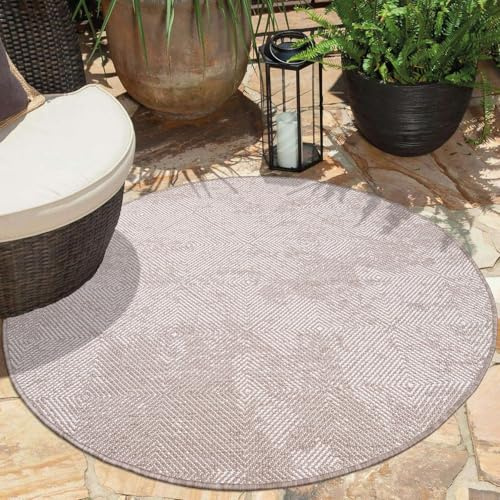 carpet city Outdoor Teppich Wetterfest 120 cm Rund - Beige - Wendeteppich, Beidseitiges Meliertes Rauten-Muster - Balkonteppich Wasserfest Outdoor - Terrassenteppich