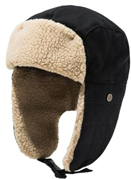 AOVNA Unisex Fliegermütze Pilotenhut Faux Schaffell Schwarz Fliegermütze Pilotenmütze Pilotenmütze Fliegermütze Distressed Leder Accessoire für Halloween Kostüm