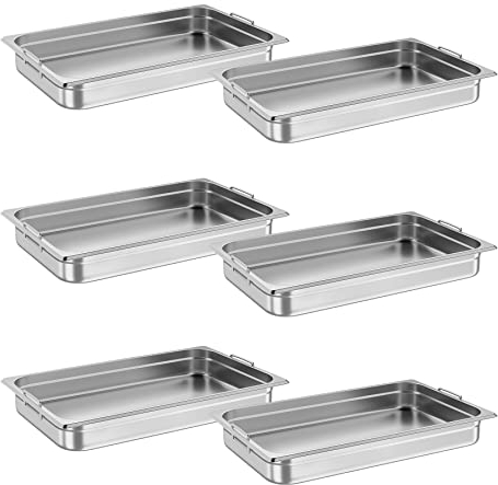 Takywep 6 Pack Full Size Food Pan, Commercial Catering Hotel Pan, [NSF Certified][with Handle] Stainless Steel 2.5 Inch Deep Anti-Jamming Steam Table Pan