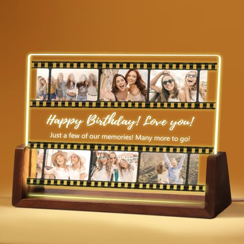 NIBESSER Personalisiertes Foto-Geschenk, LED-Acrylglas mit Foto, beleuchteter LED-Rahmen mit Holzständer, für Jahrestag, Geburtstag, Valentinstag