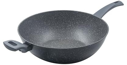 Zanetti Durapietra, Padella Wok per Induzione Diametro 32 cm, Padella Wok Antiaderente, Rivestimento Effetto Pietra, Manico Soft Touch, Colore Grigio
