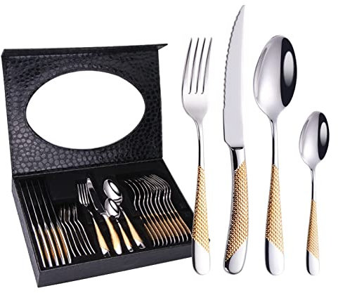 GAROEN Juego de Cubiertos de 24 Piezas, con Caja de Cuero, Acero Inoxidable, Incluye Cuchillo, Tenedor, Cuchara, vajilla (Oro 24 Piezas)