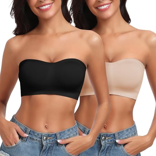 LEYSHE Bandeau BH axelbandslös bh utan bygel sömlös tub topp bh vadderad bandeau topp med transparenta remmar, Svart och beige 2-pack, XXL