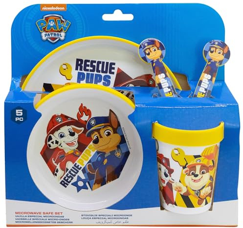 SET 5 PCS ANTIDESLIZANTE (PLATO, CUENCO, VASO Y CUBIERTOS) PREMIUM BICOLOR EN CAJA PAW PATROL BOY RESCUE PUPS