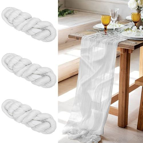 Prmape 3 Stück Käsetuch Tischläufer Weiß, 90 * 300 cm Transluzent Boho Tischfahne Gaze Tischdecke für Dekoration Hochzeit Abendessen Urlaub Party Supplies