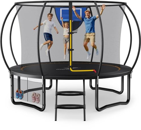 MERACH Trampoline 10ft/12ft/14ft/16ft, Outdoor Large Trampolines with Safety Net & Basket Ball, Max Load 330lb Rebounder Trampoline for Adults Family