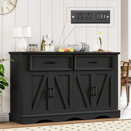 56 Large Wooden Buffet Cabinet with Storage, Modern Coffee Bar and Wine Bar, Wave Base Design, Multi-Purpose Buffet Table with Charging Station for Dining Room, Kitchen or Living Room, Black