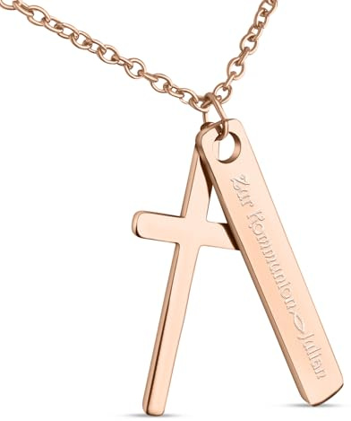 Hanessa Personalisierte Kette mit Gravur Edelstahl 50 cm mit Anhänger Kreuz Rechteck in silber - Personalisierte Geschenke für Kinder und Erwachsene - Halskette Damen Herren Mädchen Jungen
