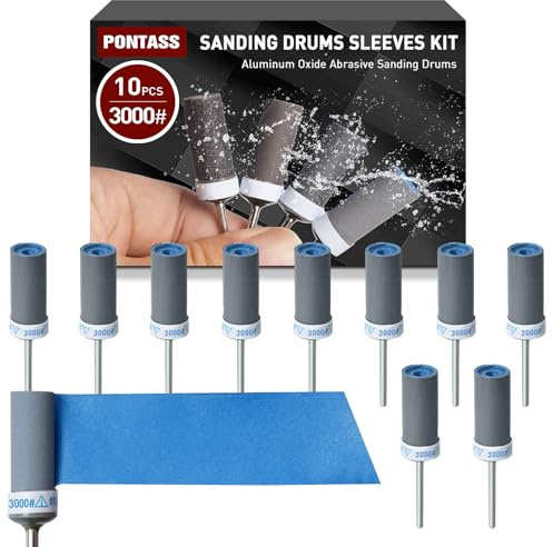 10 Stück Schleiftrommel-Set für Bohrmaschinen und Bohrmaschinen, Körnung 3000 Aluminiumoxid-Schleiftrommeln, Hülsen-Set, Schleifpapierstange für Metall, Holz, Form, Stein, Polieren, Entgraten