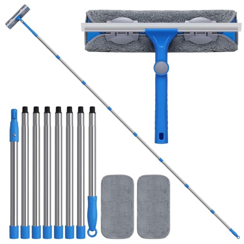 Mitclear 2 en 1 Limpiacristales con Palo Telescópico(310cm), Limpiador de Ventanas con Escobilla de Silicona y Paño de Microfibra, Kit de Limpieza de Ventanas para Ducha Cristal Espejo Puerta Coche