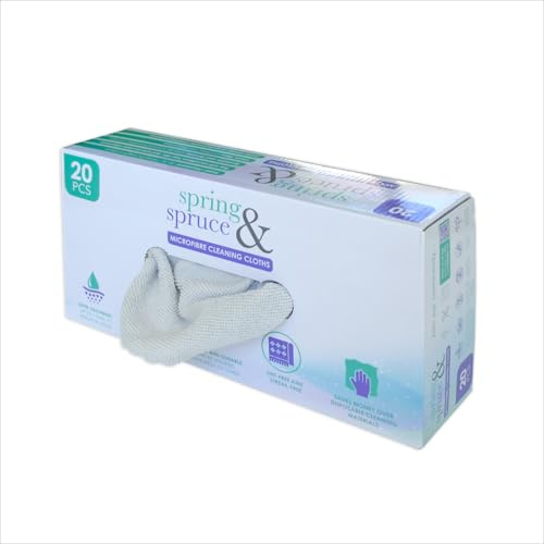 Spring & Spruce Box of 20 Ultra-Absorbent Microfibre Cloths - Lint-Free & Streak-Free Cleaning – Convenient Pull-Dispensing for Easy Access – Washable & Durable for Home, Kitchen & Car
