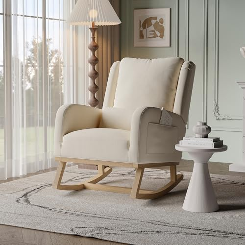 TIMORWTF Sedia a Dondolo, Sedia a Dondolo per Soggiorno Interno, Chaise à Bascule con Cuscino Lombare, Poltrona per Allattamento in Tessuto di Lino con Piedi in Legno Massiccio, Beige