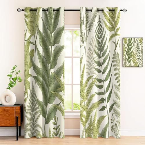 Vintage Fern Print Curtain Natural Forest Blackout Curtains Room Grommet Window Treatments Sage Green Decorative Suitable For Youth Adult Bedroom Living Room 2 Panels W66 Xl72
