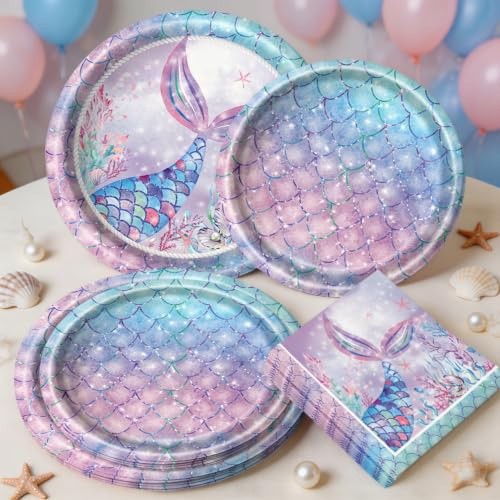 60-teiliges Meerjungfrau-Partygeschirr-Set mit Tellern, Tischdecke, Servietten, Geschenktüten, Füllbeutel für Geburtstagsdekoration und Babyparty