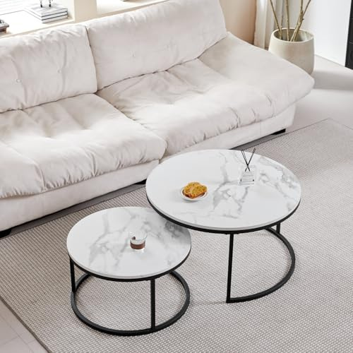 GrandCA HOME Couchtisch 2er Set,Stapelbarer Couchtisch, Couchtische Rund, Marmorierte MDF-Tischplatte, Schwarze Tischbeine aus Edelstahl，Geeignet für Wohnzimmer, Esszimmer（Ø80 x 45H cm，Ø60x35H cm）