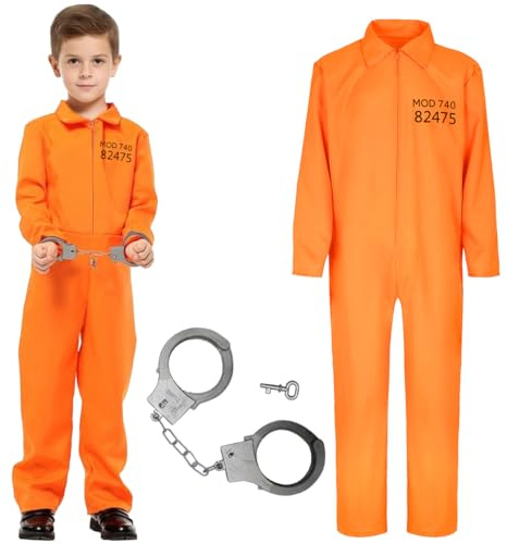 GTJEOI Sträfling Kostüm Kinder, Häftling Kostüm Kinder, Orange Gefängnisoverall mit Plastikhandschellen, Halloween Kostüm für Halloween Karneval Maskenpartys