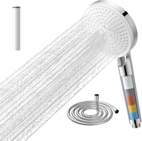 ANNWA Duschkopf mit Filter,Duschkopf mit schlauch,5 Strahlarten, Druckerhöhende filter shower head für Hartes Wasser,Rest-Chlor,Bakterien, Schwermetall(N5HS704CP)
