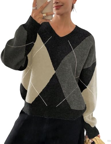 LIEROLYE Chunky Knit Sweater Women Oversized, V-neck Argyle Cropped Pullover Top Long Sleeve Casual(Black Grey,XL)