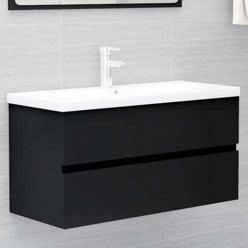 Qnhdfrt Mobile sottolavabo con vasca da incasso, colore nero, 90 x 38,5 x 45 cm, in ceramica, colore bianco, moderno con cassetto per piccolo bagno