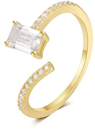 Ringe Frauen Verlobung, Fingerring Damen Vintage Gold Rechteckiger Offener Ring Verstellbar mit Smaragdschliff Moissanit 14K Gelbgold Größe 52 (16.6)