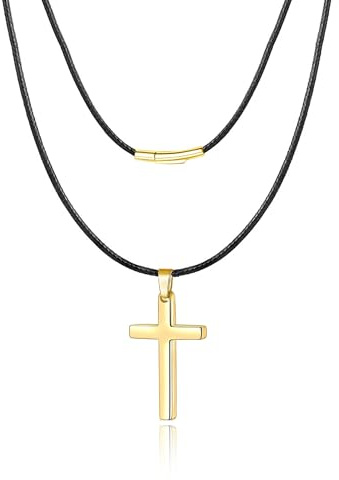 MOJOROUS 2mm Boy Leather Braided Rope Chain Waterproof Cross Chain for Boys Stainless Steel Cross Pendant Necklace Christian Confirmation Baptism Easter Gifts