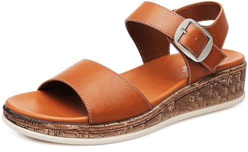 DimaiGlobal Sandalias Mujer con Punta Abierta y Cuña de Verano para Caminar Sandalias con Plataforma Soporte Plantar y Ajuste Seguro con Hebilla 39EU Marrón