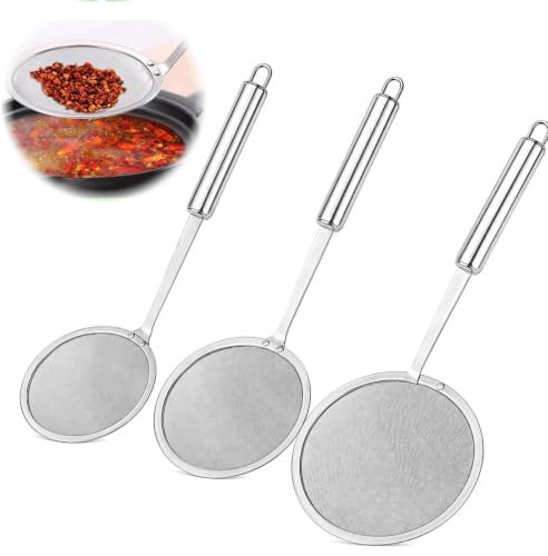 3 Pcs Fine mesh Strainers, 304 Stainless Steel Skimmers, 10-12 and 14 Cm Fine-mesh Tea Strainer Food Strainers for Removing Grease, Foam and Oil
