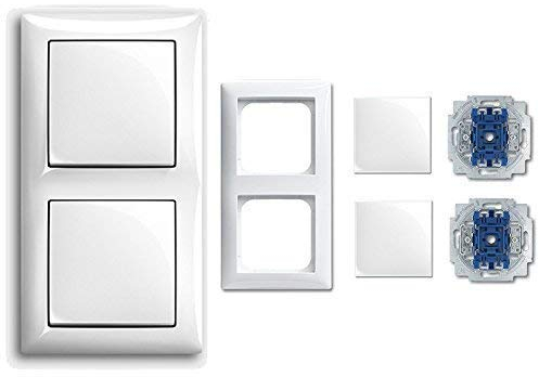 Busch Jäger Komplettset - 2 x Lichtschalter/Wippschalter komplett inkl. 2 fach Rahmen 1722-914 im eleganten Busch balance SI Design in alpinweiß