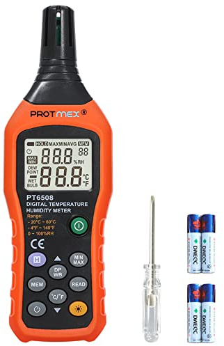 Protmex Digital Temperature Humidity Meter, Thermometer Hygrometer with Ambient Dew Point and Wet Bulb Temperature Indoor and Outdoor, Data Logger with Min/Max Hold, LCD Backlight, PT6508