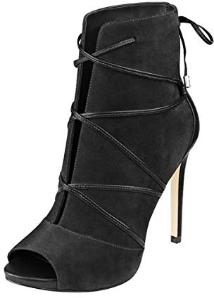 YDN Women Peep Toe Faux Suede Ankle Booties Platform Stiletto Heels Lace Up Cutout Comfort Shoes Black 7
