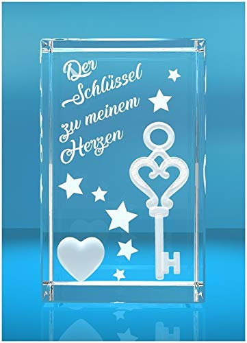 VIP-LASER 3D Glasquader I Schlüssel zu meinem Herzen - Geschenk für verliebte Paare insbesondere zum Jahrestag Geburtstag