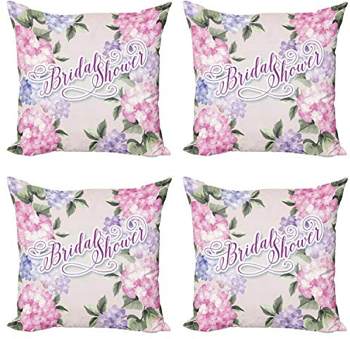 ABAKUHAUS Douche Nuptiale Lot de Housses de Coussin en 4 pièces, Bride Hortensias, Impression Numérique Recto-Verso Moderne, 40 cm x 40 cm, Pourpre et Rose pâle