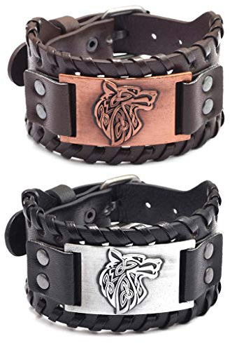 Juland 2 Stück Herren Retro Breites Metall Herren PU Leder Armband Punk Style Armbänder Breiter Gürtel Manschette Armreif Rock Wrap für Männer Junge Einstellbar –Wolf Head