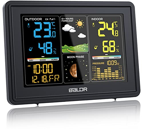 BALDR Stazione Meteo con Sensore Esterno, Display a Colori, Orologio Radiofonico DCF, Previsioni del Tempo, Barometro, Fasi Lunari, Termometro Interno ed Esterno, Igrometro