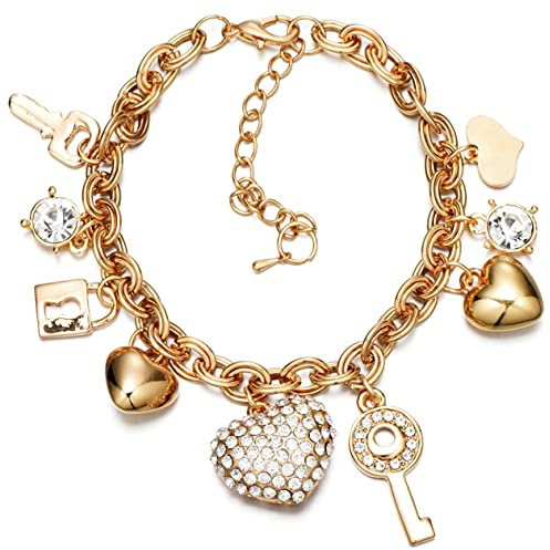 SILANER Gold Chain Link Bracelet - 7+ 2 Extender 14K Gold Plated Love Locked Bracelets for Women,with Crystal, Love Heart,Key, Lock, Charm Bracelet