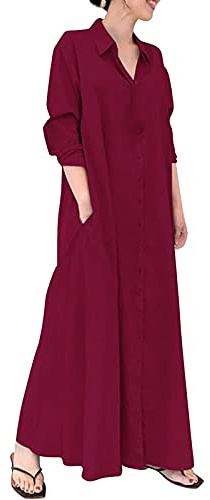 Voiakiu Femmes Maxi Coton Robe Casual Poches Lâches Robe D'été À Manches Longues T-Shirt Dames Robe Chemise