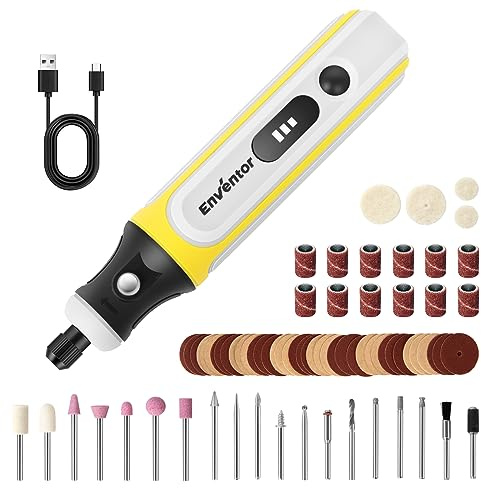 Enventor Mini Amoladora Bateria 4V con 75 Accesorios, Mini Herramienta Rotativa Multifunción con 3 Velocidades Ajustables, 5000-16000RPM, Carga USB, para Grabar, Aamolar, Pulir, Taladrar