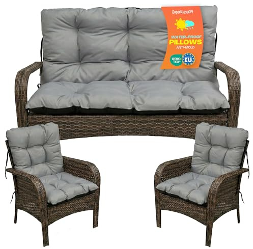 SuperKissen24. Sitzkissen Bankkissen Bankauflage - 140x50 cm und Rückenlehne 140x60 cm mit 2er 48x96 cm Stuhlkissen Set - Outdoor und Indoor - Grau