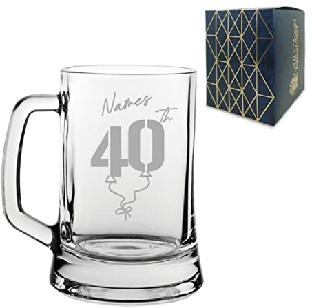 Personalised Engraved Tankard Beer Mug Stein Happy 40th Birthday Balloon Design Gift Boxed, 16.75oz/495ml Classic Beer Glass, Any Name, Engraved in The UK