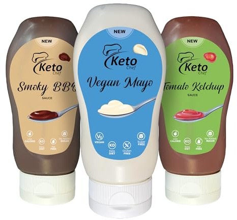 Keto Chef Vegan Diet Sweetener Sauces – Vegan Mayo & Smoky BBQ & Tomato Ketchup, Suitable for Vegans, No Added Sugar Low Calorie Sauce, No Artificial Flavors | Keto Chef Diet Sauces (300ml) Pack of 3