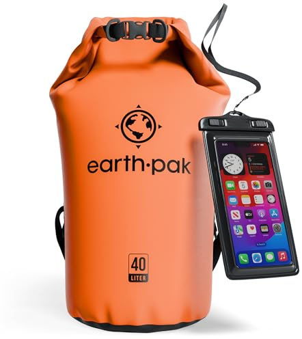 Earth Pak Dry Bag – Wasserdichter Packsack mit Schultergurt und wasserfester Handyhülle – Ideale Rolltop Tasche beim Kajak Fahren, Wandern, Camping, Angeln, Bootfahren und Rafting (Orange, 5L)