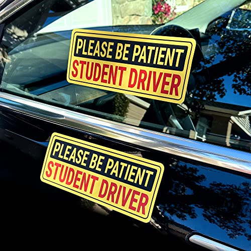 Stickios Student Driver Stickers - Removable Non-Magnetic Vinyl Decal Signs for Cars & Windows - Made in USA (10x4 inches, 2-Pack)