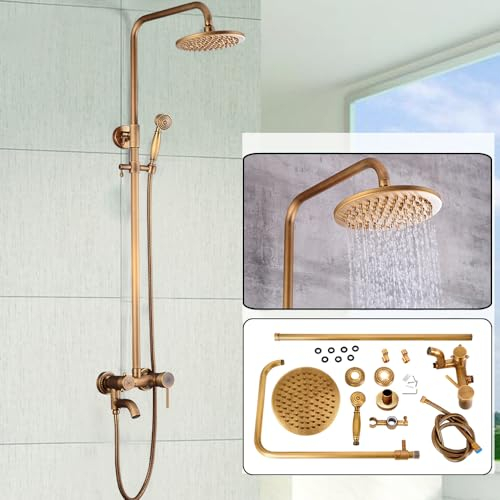 TaNeHaKi Antik Retro Duschset,HöHenverstellbar Regendusche,Wandhalterung DuschsäUle,Duschsystem Mit Handbrause Und Duschkopf