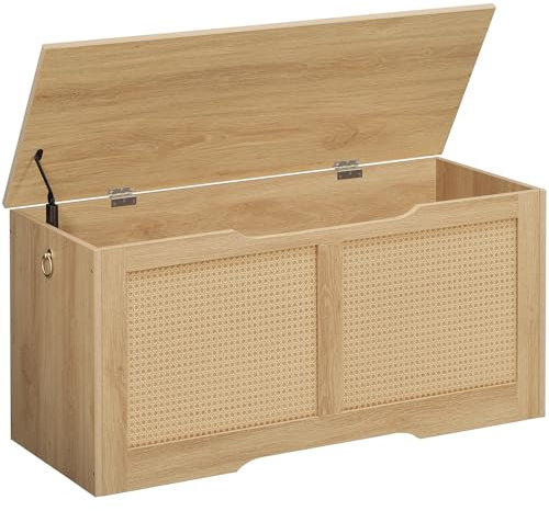 HOOBRO Truhen, Sitzbank mit Stauraum, Spielzeugkiste mit Deckel, 100 cm Rattan-Aufbewahrungstruhe mit Sicherheitsscharnier, Aufbewahrungsbox, für Kinderzimmer, Schlafzimmer, Natur ENL11CW01