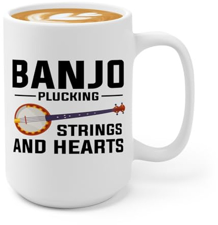 Banjo Coffee Mug 15oz White -Banjo plucking strings - Music Lovers Musician Banjo Country Music Playing Instrument