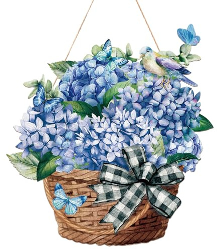 Capoda Spring Door Sign Decor Blue Hydrangea Door Hanger Welcome Spring Flower Butterfly Farmhouse Rustic Hanging Plaque Decorations for Easter Home Room Indoor Outdoor Wall Decor, 11.81 x 11.81 Inch