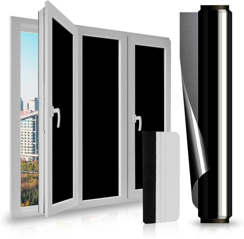 LULUETPUE Fensterfolie Schwarz Verdunkelungsfolie, Blickdicht Fenster Sonnenschutz Spiegelfolie, Fensterfolie Selbsthaftend UV-Schutzfolie für Schlafzimmer Badzimmer, 90 * 400CM