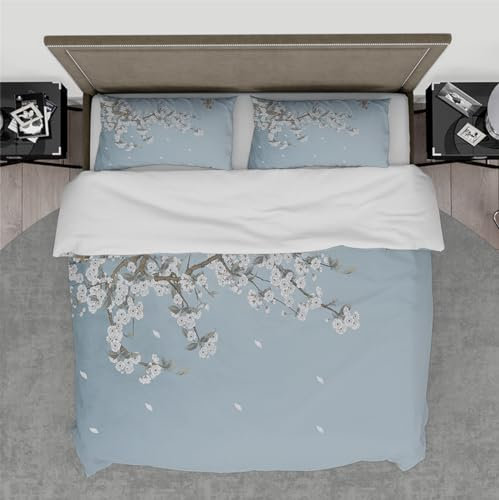 Set rústico de Funda de edredón 3 Piezas Pintura de Tinta de Paisaje Pájaros Cantando y Flores Juego de Ropa de Cama de Dormitorio fragante con 2 vergüenzas de Almohada 180 x 220 cm