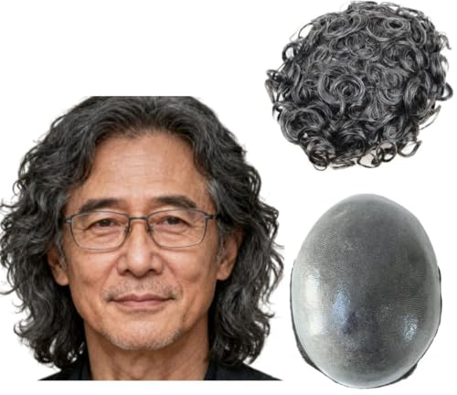 Toupet für Männer, Echthaar Perücken, Herren Toupet mit weichem PU-Haar, 10mm gewellte Herrenperücke Toupet Haar,10 x 8 (#1B20 80% Schwarz + 20% Weiß)
